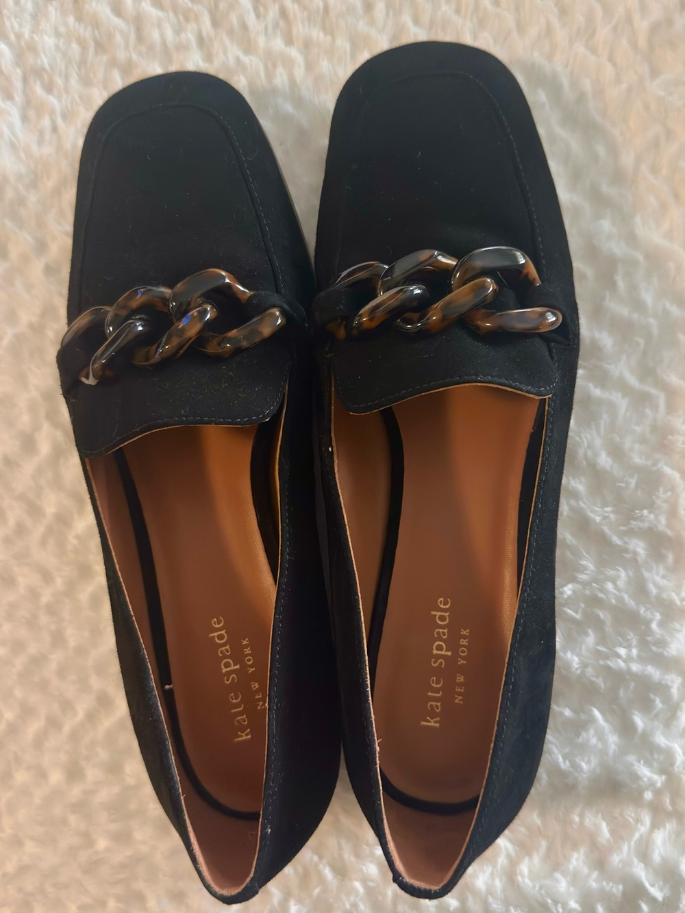 kate spade Black Suede Loafers with Tortoiseshell Chain